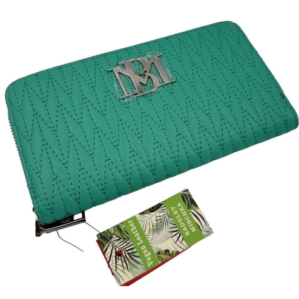 Badgley Mischka Quilted Logo Wallet Teal Green Vegan Leather Zip Around NWT‎